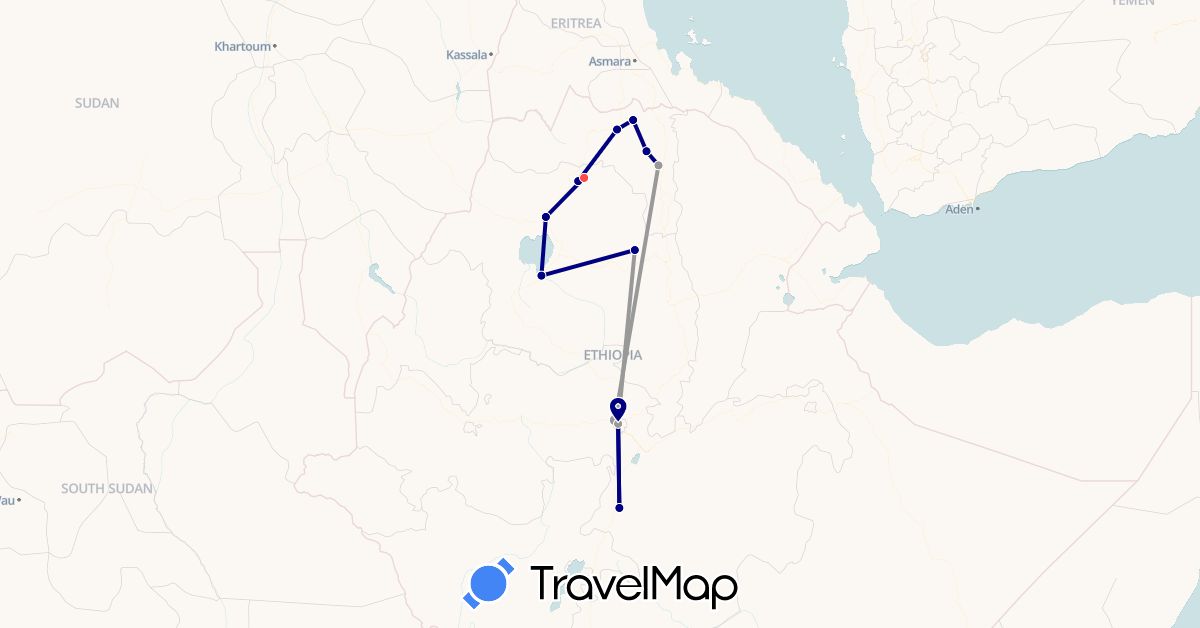 TravelMap itinerary: driving, plane, hiking in Ethiopia (Africa)
